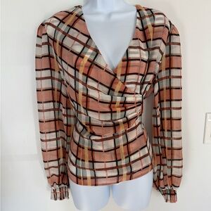 CAbi Checkered Wrap Blouse - Orange, Black, Cream